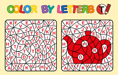 Color by letter T. Coloring Teapot. Puzzle game for children education