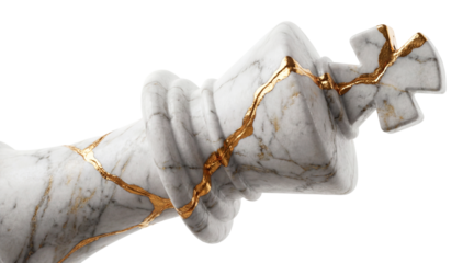 Marble chess King piece repaired with gold cracks in Kintsugi style, concept of resilience and leadership
