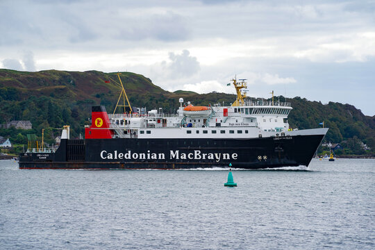 Oban, Scotland - September 22 2025: The large Caledonian MacBrayne ferry MV Lord of the Isles leaving Oban.