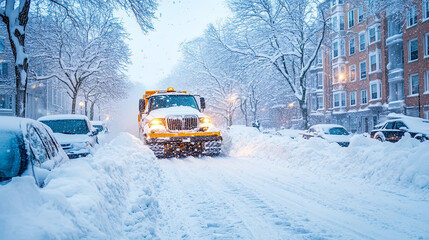 Powerful yellow snow plow vehicle clears snow-covered city street lined with parked cars and snow-laden trees amidst heavy winter snowfall, showcasing urban winter maintenance and challenging weather 