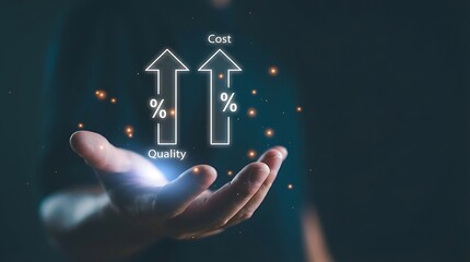Hand presenting rising arrows with percentage symbols for cost and quality, concept of business growth and financial success