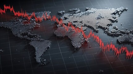 Global financial crisis 3D map with descending red stock market graph, economic recession, abstract.
