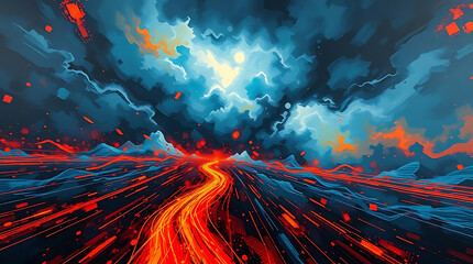 Vibrant orange road stretches into the distance under a dramatic stormy sky with dark clouds and lightning