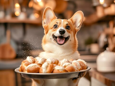 Adorable corgi holding pastries with a joyful expression