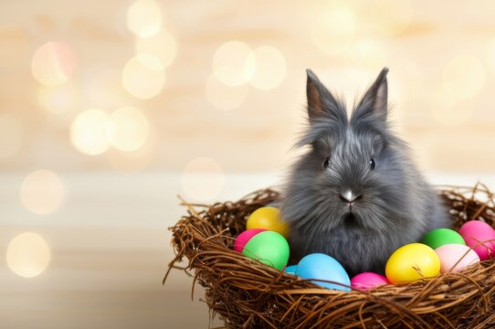 black cute bunny sitting in a nest with eggs