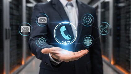 Businessman holding a 24/7 customer support icon with surrounding service icons in a data center