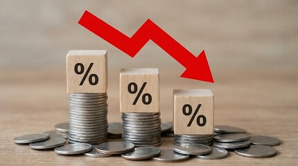 Three wooden blocks with percent signs stacked on coins, showing a downward trend with a red arrow, financial concept