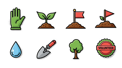 Colorful gardening and volunteering icons set with planting and tools theme
