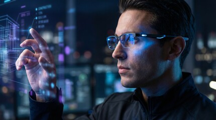 Man in smart glasses interacting with futuristic holographic interface for architectural design