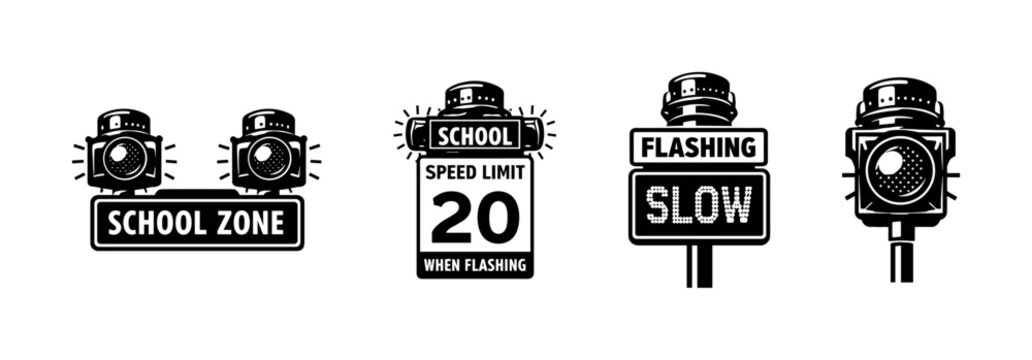 School zone vector icons set: traffic signs, speed limits, flashing signals
