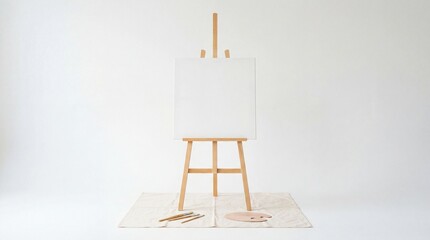 Blank white canvas on wooden easel stand isolated on white background for art painting mockup and creative design copy space