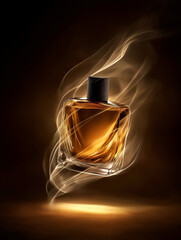 Luxury perfume bottle with golden light trails, cinematic fragrance advertising concept