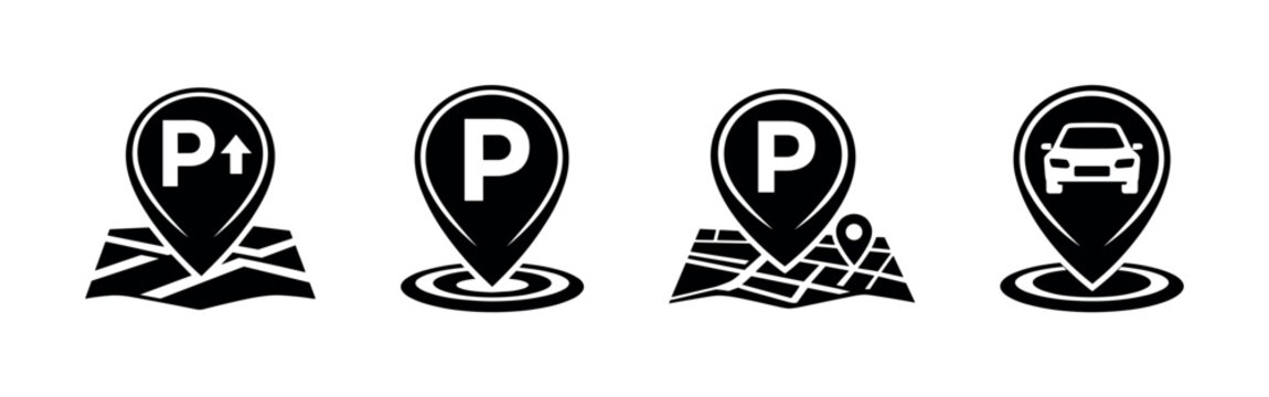 Parking location vector icons set: map, pin, navigation symbols, parking guide