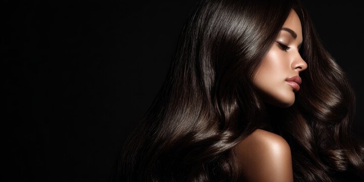 Beautiful woman with long shiny healthy brunette hair isolated on black background highlighting elegance beauty skincare hairstyle cosmetic smooth perfection model portrait