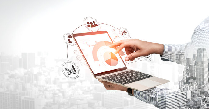 A project management dashboard displaying key performance indicators. The data visualization shows business intelligence metrics for workflow, team performance, and financial growth. Fermion - Powered by Adobe