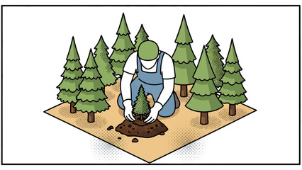 Person planting tree in forest setting: environmental conservation in flat design