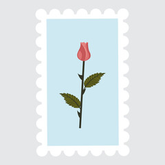 A postage stamp depicting a dusty pink rose bud on a stem. Vector illustration isolated on a gray background.