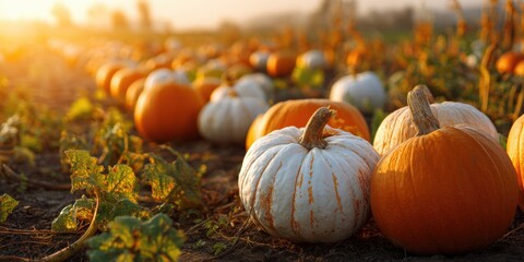 Autumn harvest field with orange white pumpkins glowing in warm golden sunset light, fall season vegetable farm agriculture thanksgiving celebration natural organic food countryside rural scene