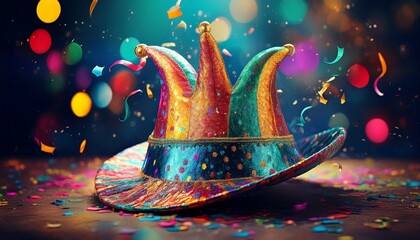 vibrant carnival joker hat with confetti generative ai