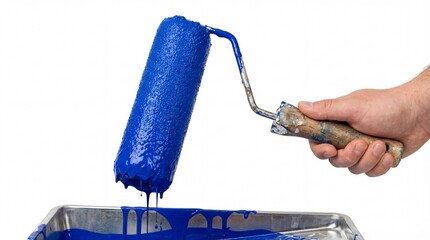 Professional blue paint roller with tray and brush isolated on white background for home renovation and wall painting decorating concept