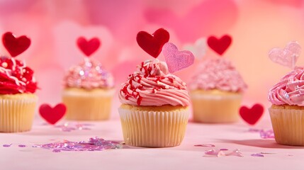 Festive Valentine’s Day cupcakes offer sweet celebration moments on a pastel pink dessert table backdrop