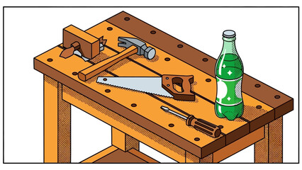 Workshop tools and bottle on wooden bench isometric graphic