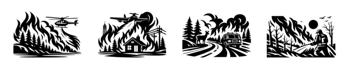 Forest fire vector icons set. natural disaster, wildfire, emergency.