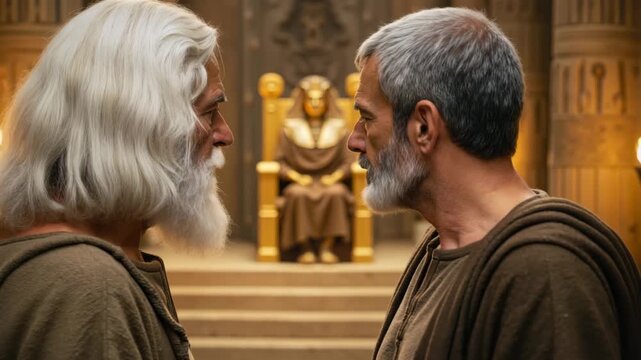 Moses and Aaron standing before Pharaoh in an ancient Egyptian palace. Biblical scene of two prophets confronting the king of Egypt in a temple setting. Religious history concept