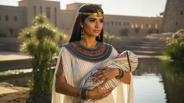 Ancient Egyptian princess holding baby Moses near the Nile river. Pharaoh's daughter with an infant in a historical biblical scene. Ancient Egypt concept