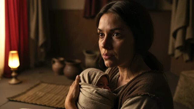 Worried mother holding a swaddled baby in a dimly lit ancient room. Biblical woman protecting her infant from danger. Historical concept of hiding a child