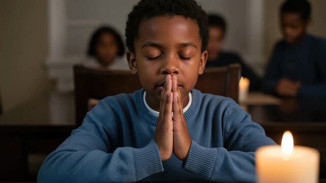 Young Black boy praying with eyes closed and hands clasped by candlelight. Child reciting a prayer at a table with family in the background. Religious faith and worship concept