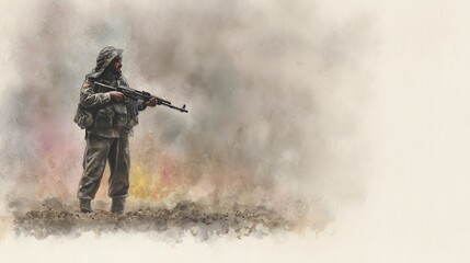 Fototapeta premium Vigilant soldier stands resolute amidst watercolor battlefield a symbolic representation of armed conflict