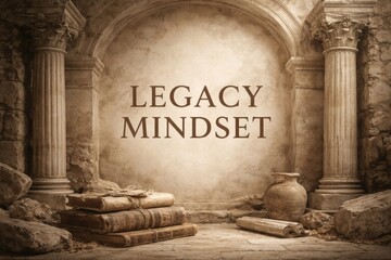 Naklejka premium Ancient structure with broken columns and stacked books highlights the importance of legacy and mindset in personal growth.