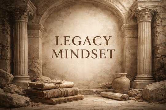 Ancient structure with broken columns and stacked books highlights the importance of legacy and mindset in personal growth.