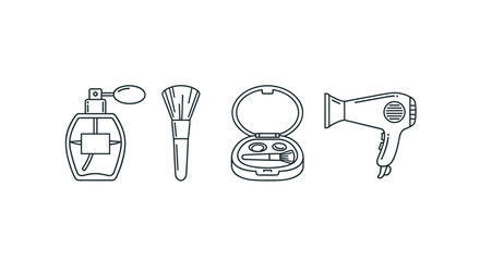 A clean and simple linear illustration featuring a collection of beauty essentials, including a classic perfume bottle, a makeup brush, a compact cosmetic case with a brush, and a modern hairdryer