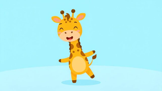 Cartoon giraffe standing on one leg with a happy expression on a light blue background.