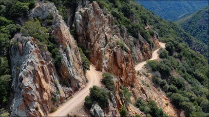 Scenic winding road through rugged rocky terrain surrounded by lush greenery in breathtaking mountain landscape view from above
