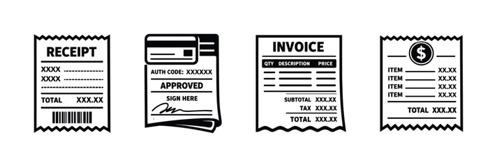 Finance document vector icons set. flat receipts, invoices, bills symbols