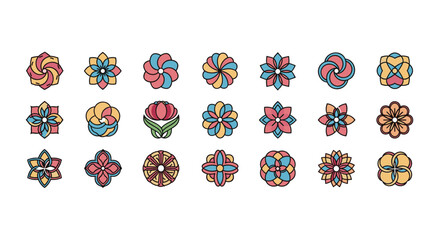 Set of 21 Abstract Geometric Flower Icons and Symbols in a Flat Design Style, Featuring Vibrant Colors and Clean Lines on a White Background, Perfect for Branding and Decorative Elements