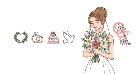 Charming vector cartoon illustration of a bride holding a beautiful bouquet of roses and lilies, symbolizing love and commitment, with wedding icons like rings, cake, and a dove, perfect for wedding