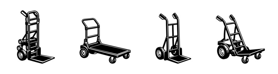 Hand truck and dolly vector icons set: trolleys, carts, movers essentials