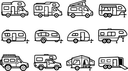 Set of icons camping car or trailer for camping in line style. Caravan icons in trendy line style.
