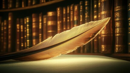 An antique feather quill rests on an open book in front of a library bookshelf filled with old volumes representing knowledge and history