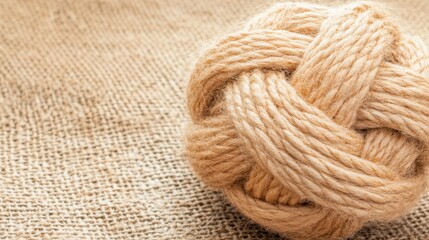 An intricately tied knot made of thick natural uncolored fiber rests on a textured burlap background