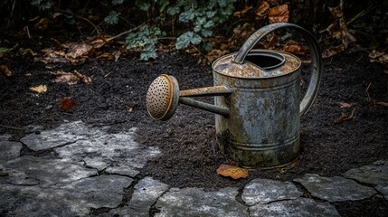An old rusty metal watering can lies abandoned on its side in dark soil with cracked stone and dry leaves in an outdoor setting