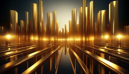 an abstract image of a city at night metallic polished surfaces pure gold pillars clean background