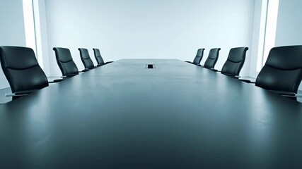 Smooth dolly video glides past an empty, pristine corporate meeting room with a dark, polished conference table and sleek black chairs, under soft cool lighting. Professional corporate ambiance