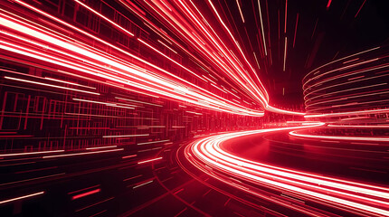 Abstract image of red light trails on a dark background with a curved glowing road