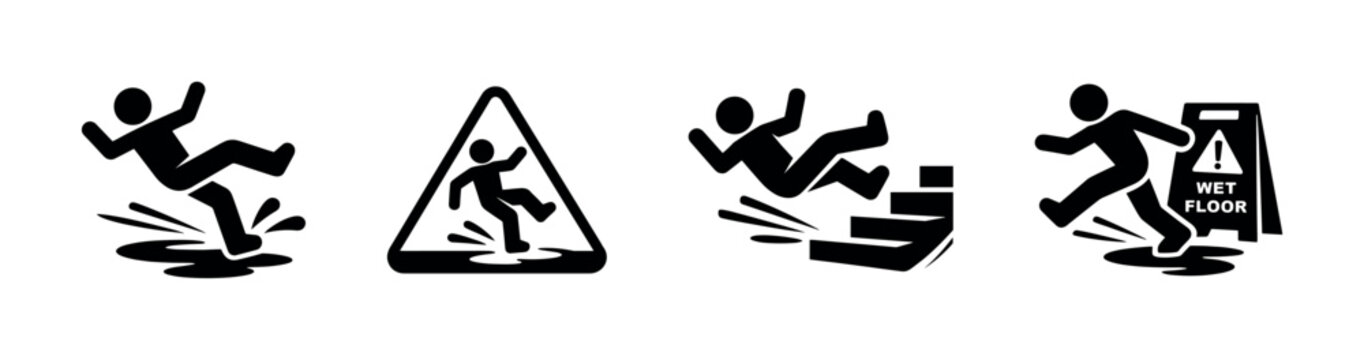 Safety hazards vector icons set: slip, fall, accident, warning symbols