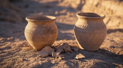 Ancient pottery shards and intact vessels lie scattered on dusty archaeological excavation site under warm sunlight